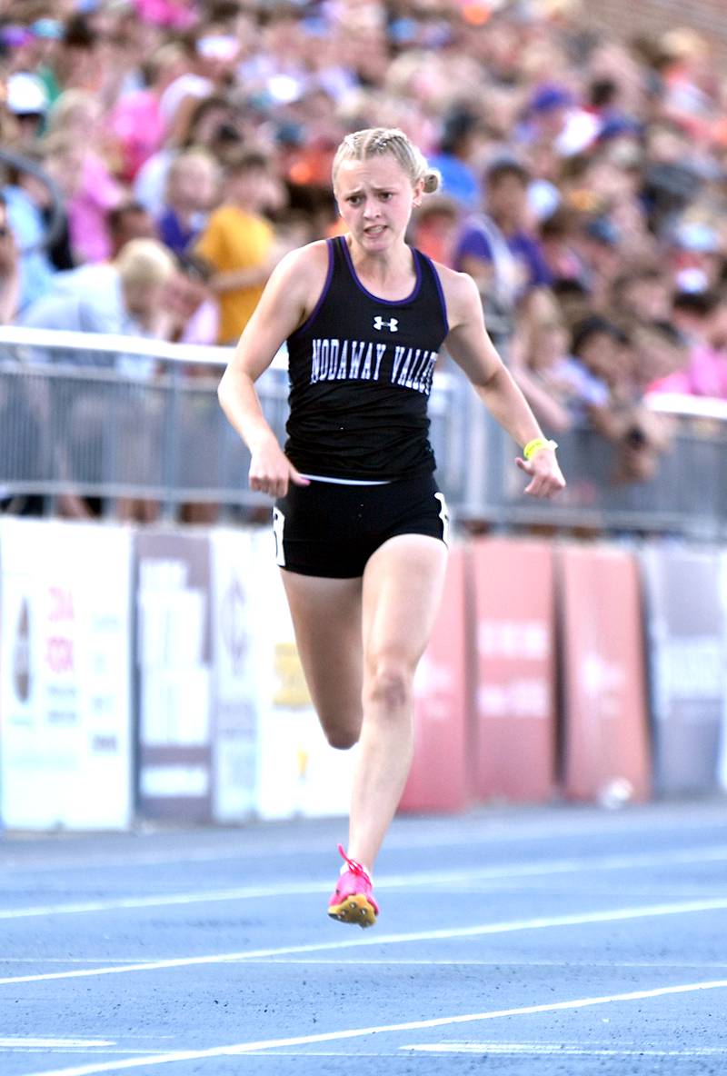 Nodaway Valley's Maddie Weston runs in the 100-meter dash during the 2024 state track meet in Des Moines.