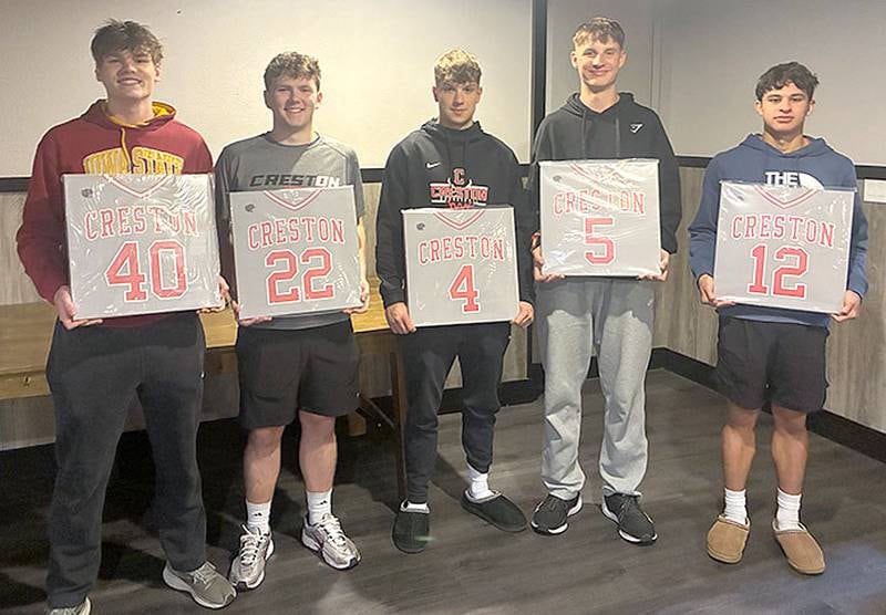 Creston basketball seniors honored at Monday's team awards program are, from left, Ayden Purdum, Nathan Carroll, Cael Barton, CT Stalker and Hector Suazo. Not pictured: Jaxson Jondle and Waymond Foster.