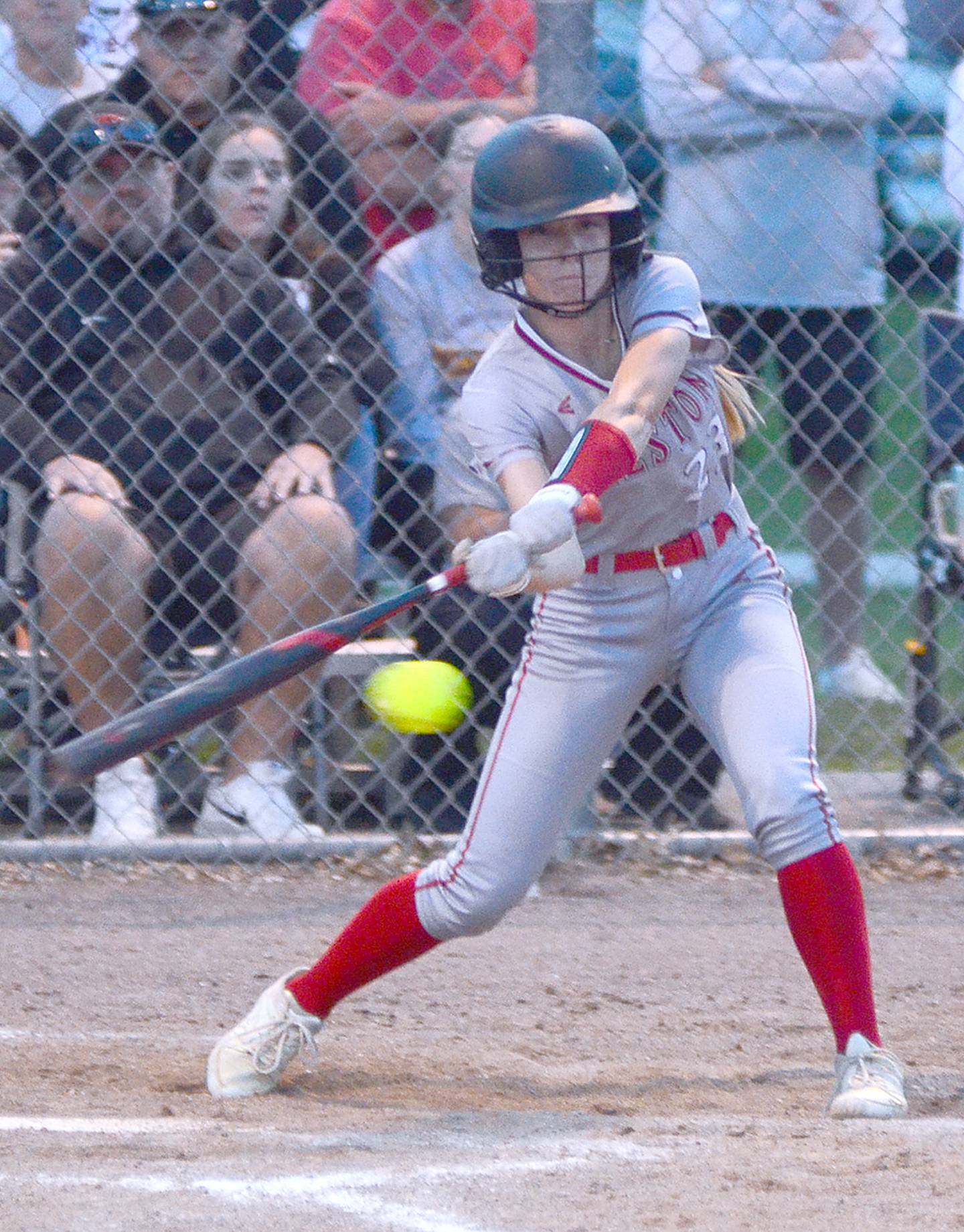 Avery Staver of Creston hits a run-scoring double Monday to cut Clarinda's lead to 7-6 in the sixth inning. Staver had two doubles in the game.