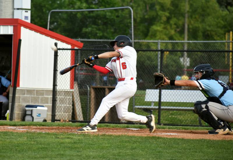Creston freshman Logan Stehr connects for a single Monday in the first inning of game two in a doubleheader with Lewis Central. The Panthers lost 4-2 and 17-0.