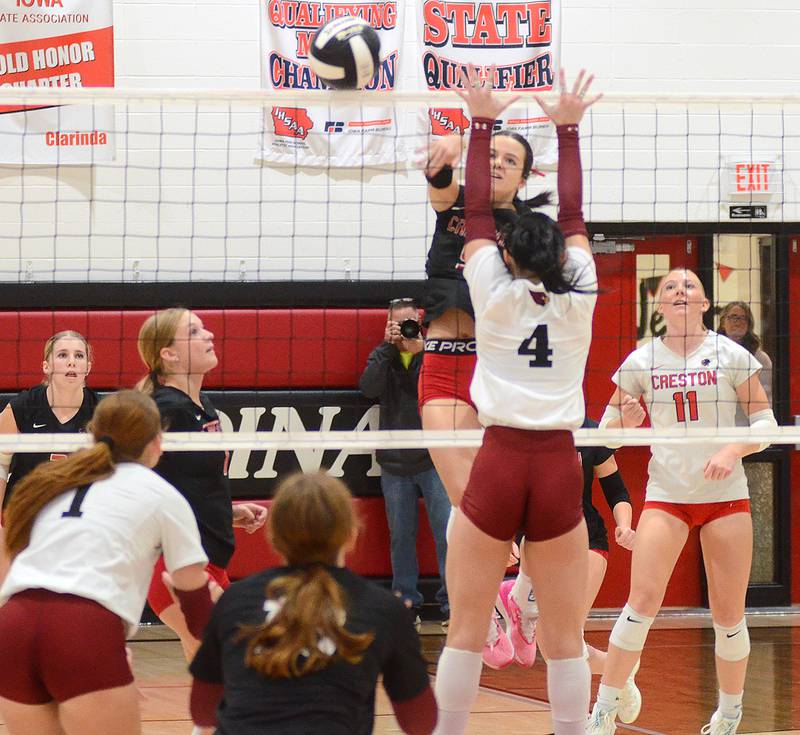 Creston's Braylee Pokorny sends a spike past Clarinda blocker Kylie Meier (4) during Thursday's regional match. Pokorny had a team-high 14 kills in the 3-1 loss.