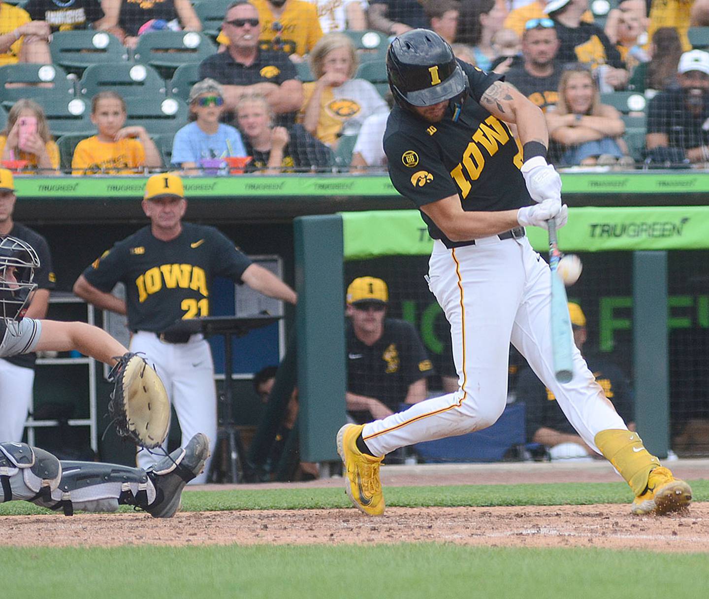 Iowa third baseman Jaixen Frost connects with a pitch during Friday's game against Purdue. Frost went 3-for-5 with a double, single and home run and four RBIs in the 14-5 victory.