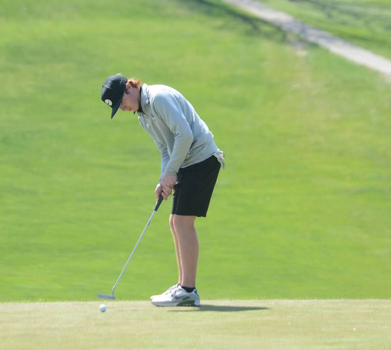 Nodaway Valley's Landon Klobnak focuses on a putt in a meet during the 2023 golf season.