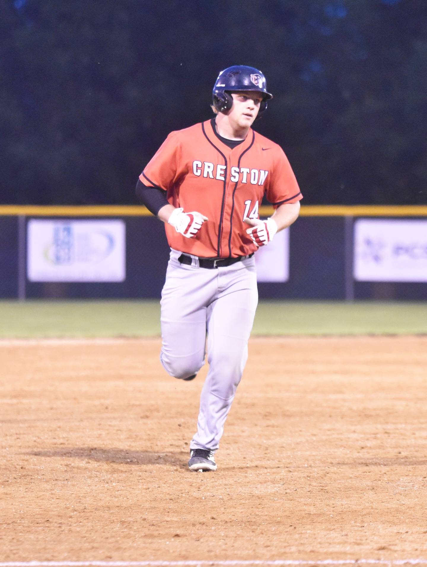 Tom Mikkelsen rounds the bases after his two-run homer in the bottom of the sixth.