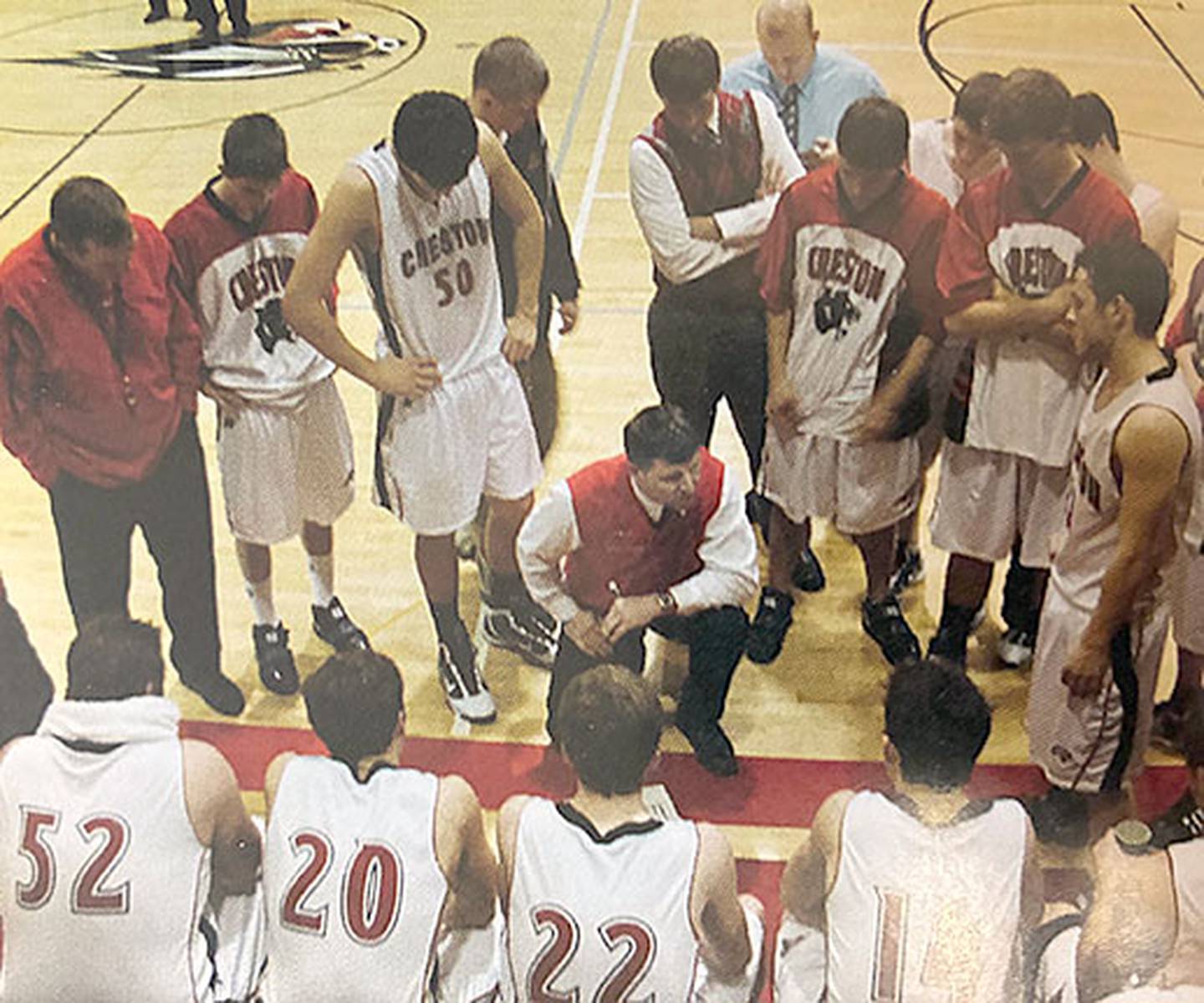 Coach Jim Calkins meets with his players during a timeout in the 2009-10 season. Calkins coached the Panthers for eight seasons, which included five substate finals and two state tournament appearances.