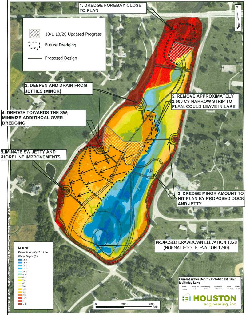 A map of McKinley Lake showing the depth in areas that have been dredged. The city is working to come up with more money to finish the dredging part of the project.
