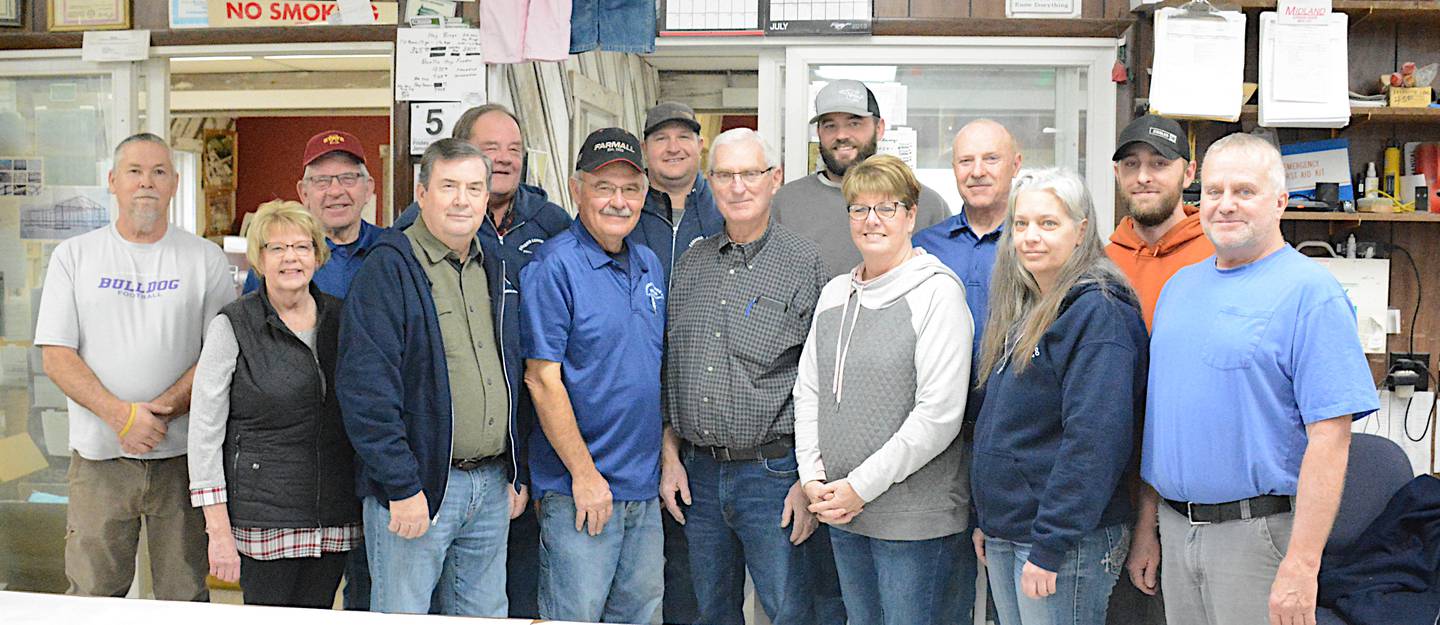 Staff and board members of Farmers Lumber upon general manager Jim Dickerson’s retirement Friday are in front from left: Diana Kordick, Doug White, Ron Bauer, Jim Dickerson, Tami Eblen, Sheri Brokaw and Brooke Wilbourne; back row: Brad Lydon, Marlin Marckmann, Gary Ohms, Dave Rectenbaugh, Jordan Groves, Dennis Lundy and Justin David.