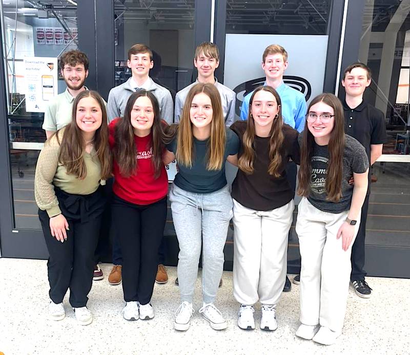 Nodaway Valley speech students representing the school at individual state speech contest Saturday, March 15 were in front from left: Delaney Blomme, Caroline Britten, Kacie Ford, Lea Stonebraker and Melanie Kilborn; back: Josh Cronk, Paul Kading, Dominic Breheny, Luke Kading and Micah Cronk.