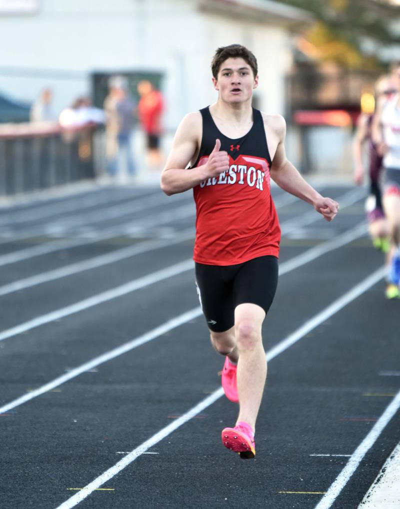 Creston senior Brandon Briley comes down the final stretch of the 1600m Tuesday in Chariton. Briley posted a win in both the 1600m and 3200m races and finished second in the 800m.