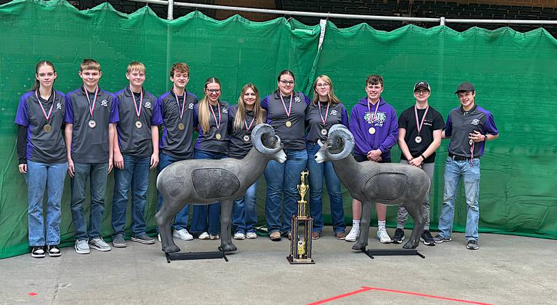 Members of the Nodaway Valley high school 3D archery team present at Sunday's awards ceremony after the group won the state championship. Collin Akers won gold in the 3D and bullseye competitions individually while Myka Hanscom was fifth in 3D. Both middle school teams also qualified for nationals.