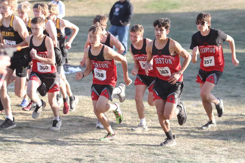 The Creston boys take off from the starting line Thursday at the Hawkeye 10 meet in Carroll. The team placed 11th.