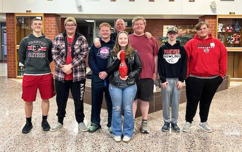 The Creston bowling seniors were honored Sunday at their banquet. Back row, from left: Stephen Sistad, Marshall Howard, Caden Briner, coach Ron Pendegraft, William Nutt, Prestyn Perkins and Drake Pendegraft. Front row: Jana Peavler.