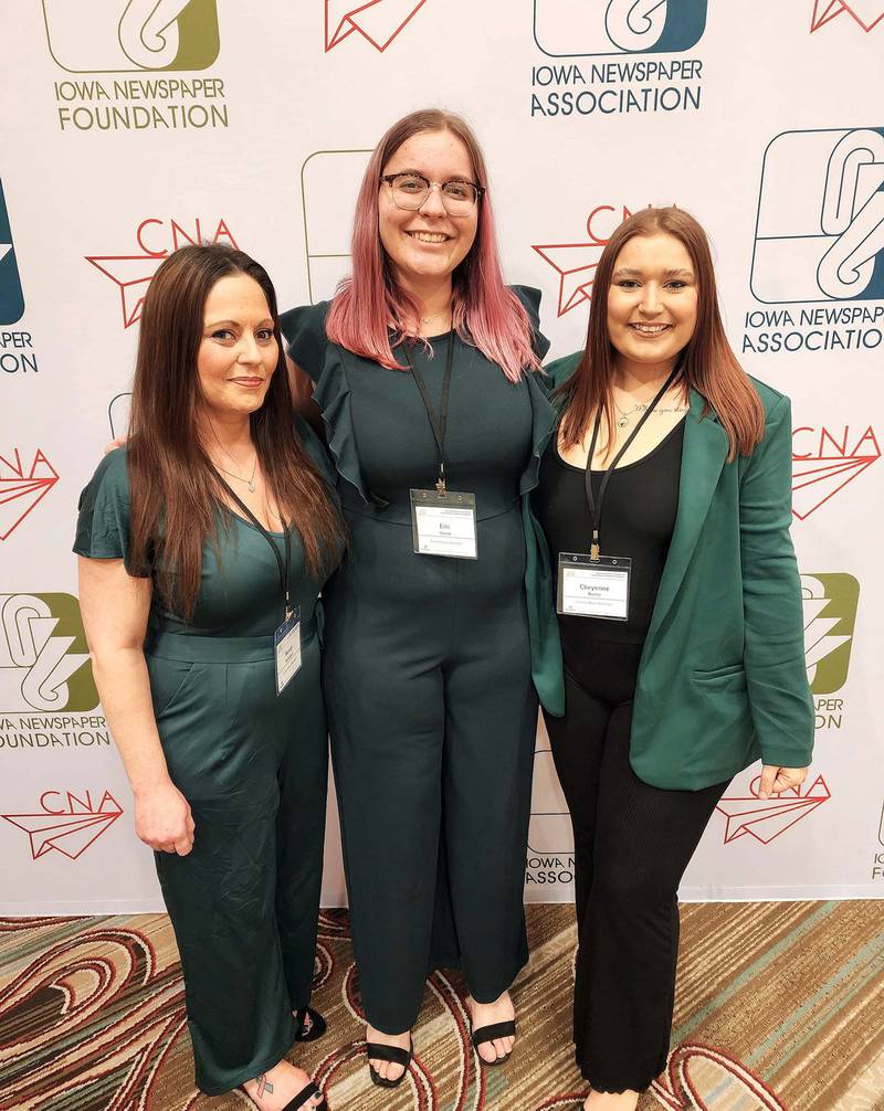 CNA news clerk Mandy McDowell, news reporter Erin Henze and senior editor Cheyenne Roche attend the Iowa Newspaper Association Awards Thursday in Des Moines where the paper brought back five top-three finishes.