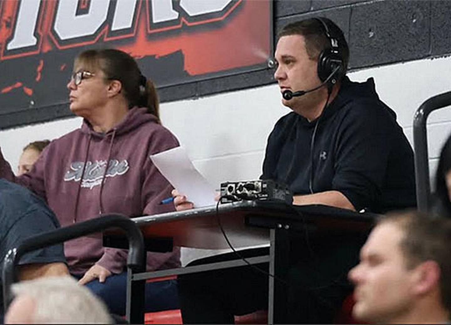 Jeff Veitz broadcasts a district tournament basketball game for KSIB during the past season.