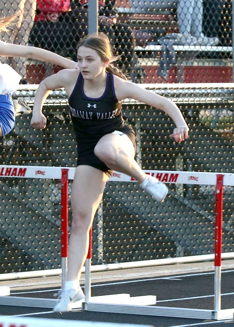 NV's Allie Cornelison clears a hurdle during a recent meet in Earlham.