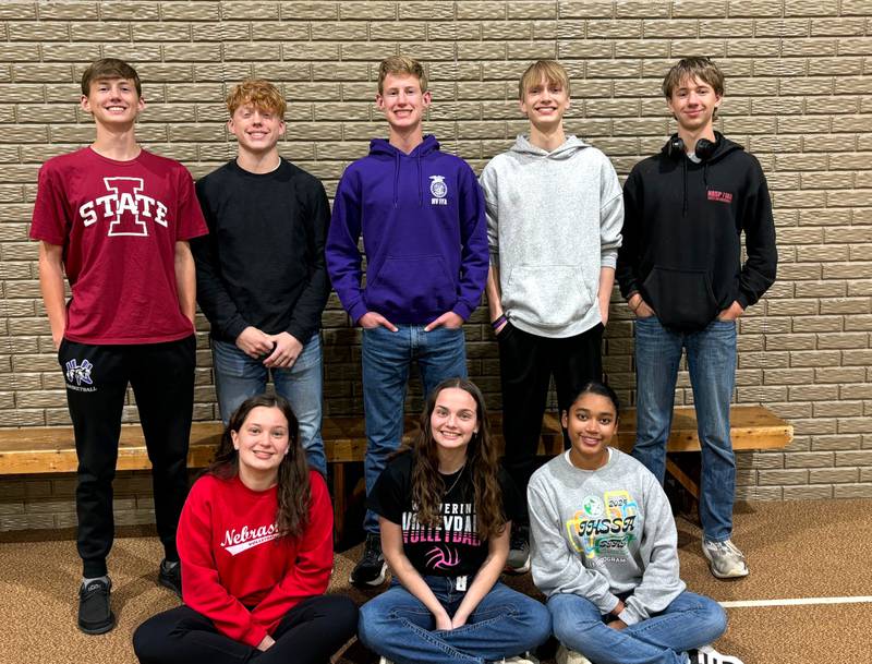 Members of the Nodaway Valley Brain Bowl team are in front from left, Caroline Britten, Adelaide Livingston and Michidel Mercado; second row: Paul Kading, Erik Jensen, Luke Kading, Simeon Person and Dominic Breheny.