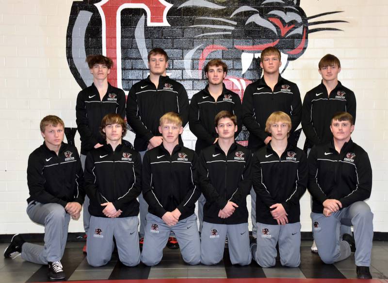 The 2023-24 Creston wrestling senior class. Front row, from left: Austin Evans, Boone Pryor, Milo Staver, Brandon Briley, Lincoln Keeler, Jagger Luther, Christian Ahrens, Max Chapman, Quinten Fuller and Carson Rieck.