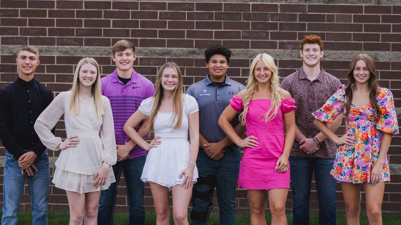 Nodaway Valley's 2023 homecoming king and queen candidates are from left in front, queen candidates Ellie Brewer, Mariah Mather, Annika Nelson and Emma Lundy; back row: king candidates Zack Debbie, Dawson Nelson, Xander Hogan and Dax Kintigh.