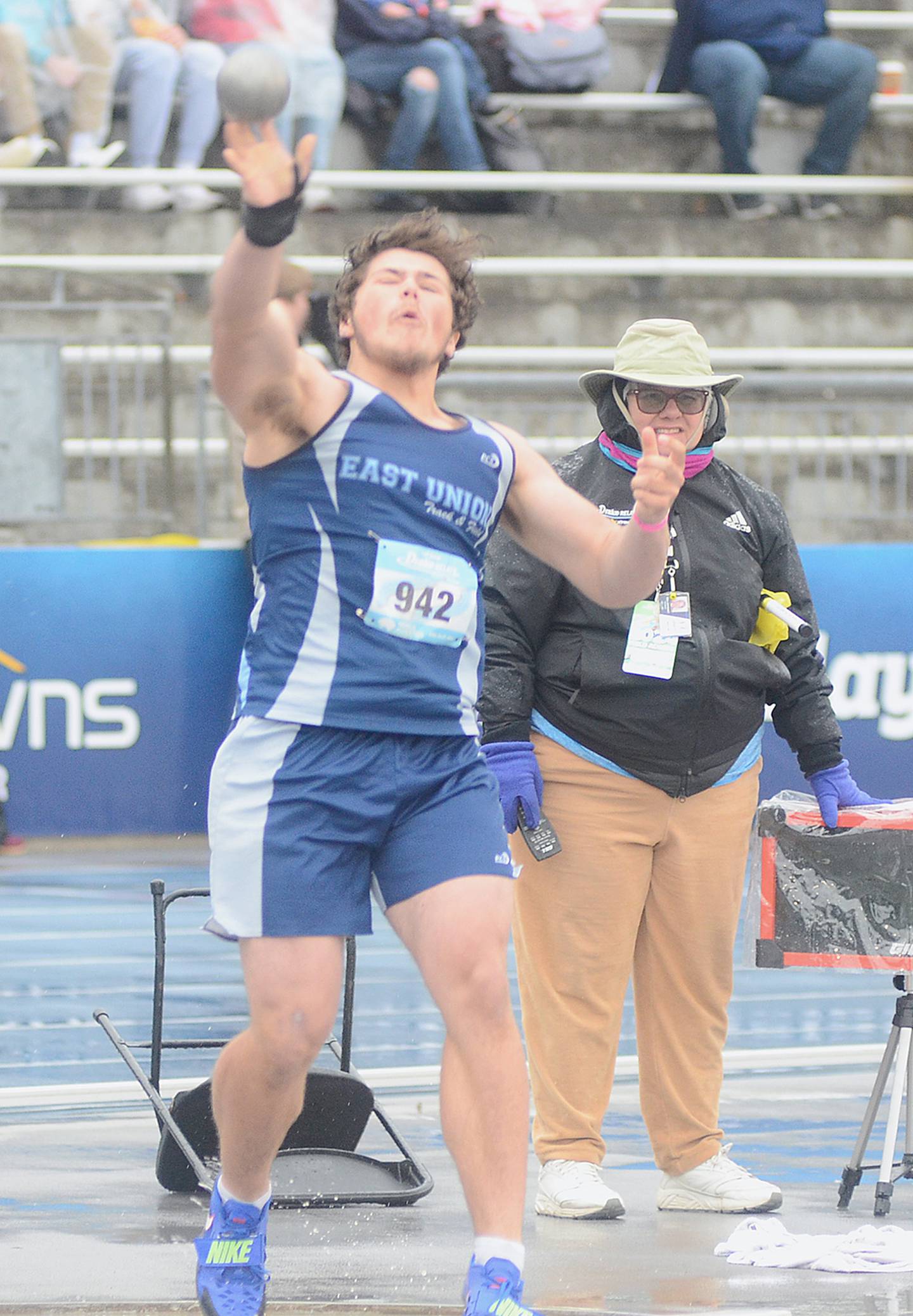 Morgan Cooley of East Union throws the shot put during Friday's Drake Relays competition. Cooley placed 16th at 48-10.5 and also placed 19th in the discus with a throw of 156-2.