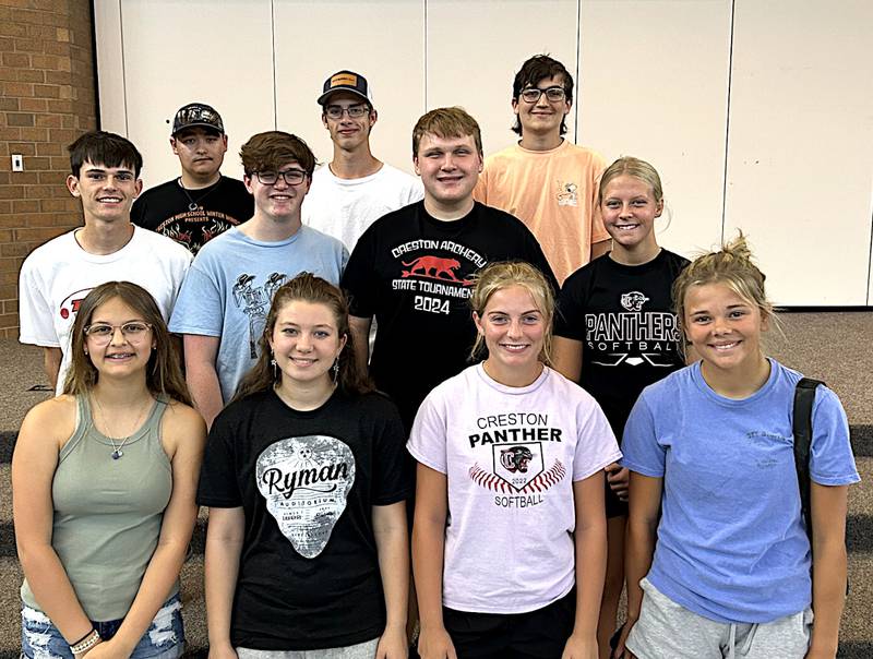 Members of the Creston High tennis team attending the team banquet Sunday are, front row: Alexis Bendt, Abby Collins, Sasha Wurster, Ava Adamson; second row, Gavin Millslagle, Sam Duncan, Carson Cooper, Josie Mahan; back row, Malachi Weber, Wyatt Hitz and Spencer Brown.
