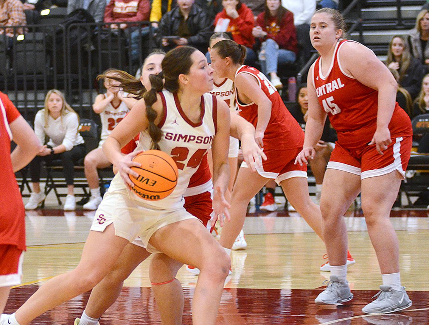 Simpson's Doryn Paup drives to the basket against Central. Paup had 14 points and six rebounds in the 70-55 win.