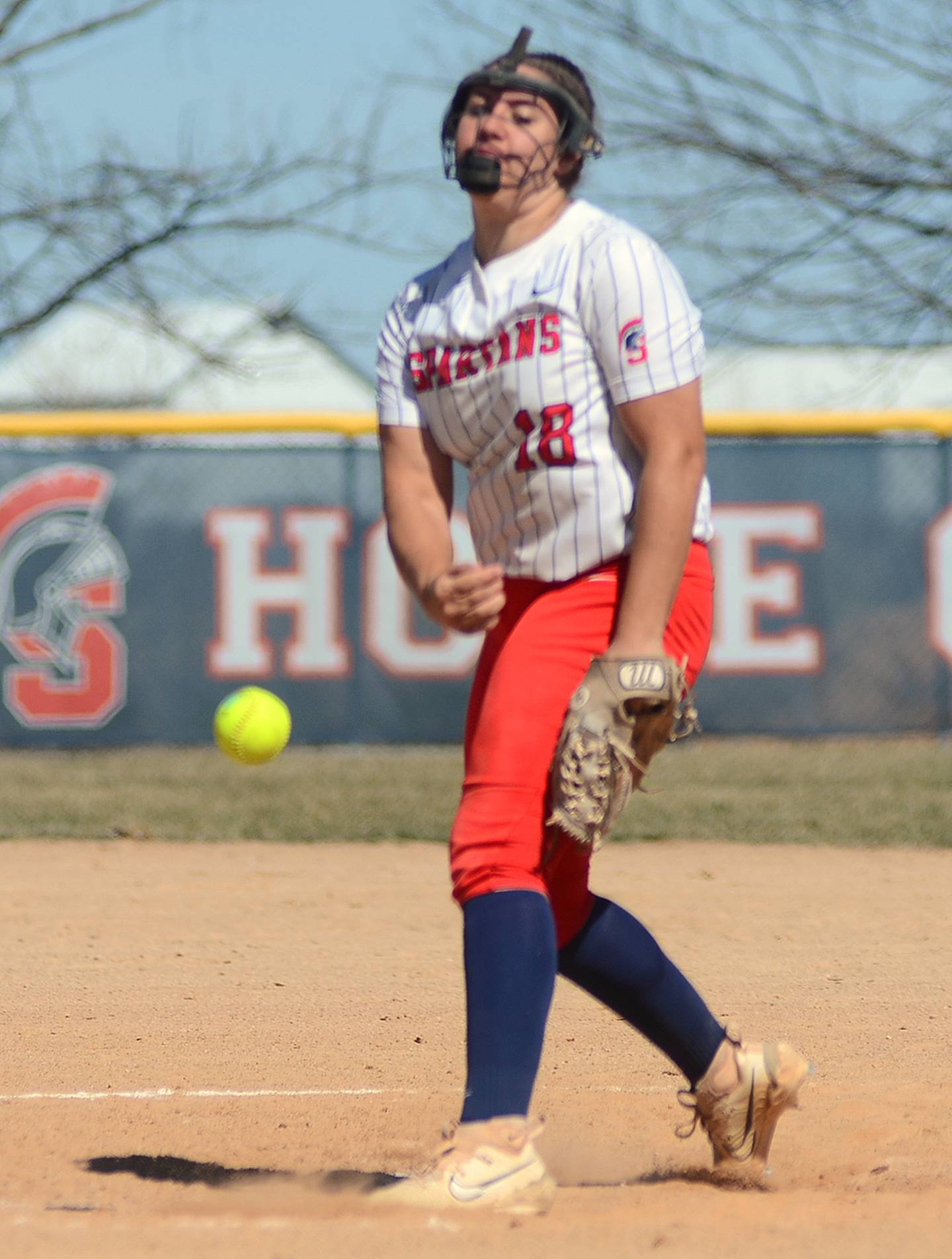 Erika Kruse sends a pitch to the plate during her three-hit victory in game one Tuesday. Kruse also hit a solo home run while playing first base in the nightcap and finished with three hits for the day.