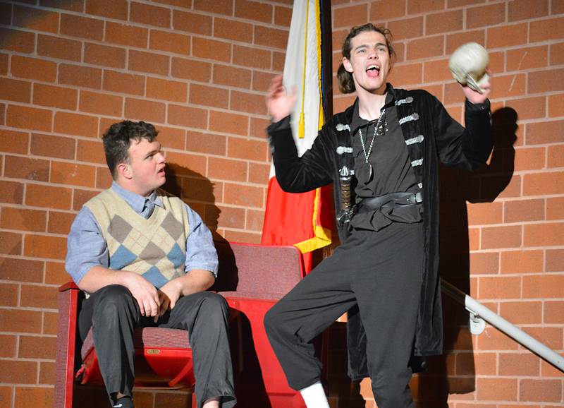 Christian White as Unhappy Person, left, and Carson Beer as Hamlet, right, perform during the intro to "I Hate Shakespeare."