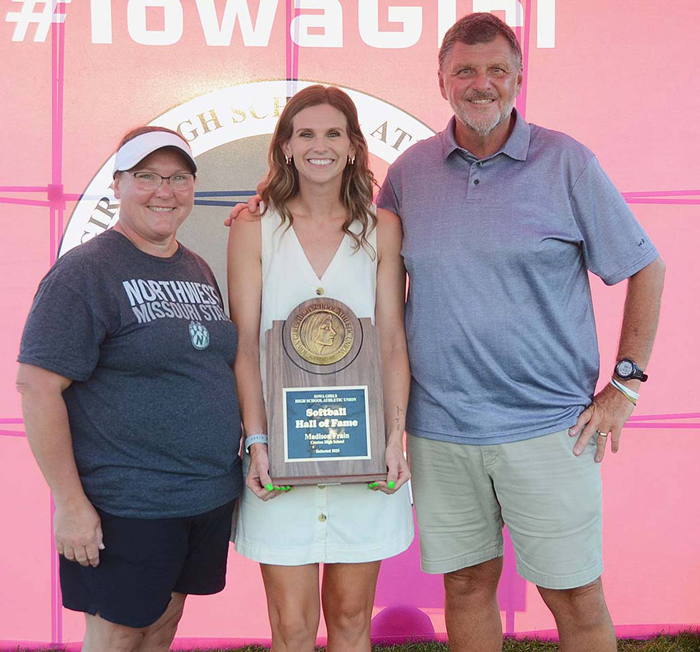 Madison Frain shown with former Creston head coach Mike McCabe and former assistant coach Teri Keeler. Frain had a 148-31 record and 1.07 career ERA during her five years as varsity pitcher.