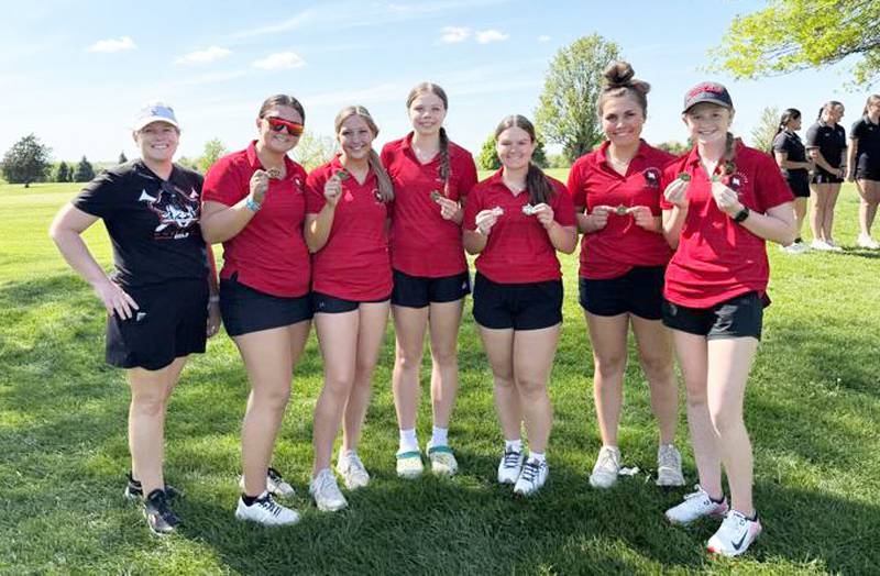 The Mount Ayr girls won the Pride of Iowa golf tournament Tuesday at Central Decatur. From left, Coach Kelly Schaffer, Alana Doolittle, Kammi Willis, Izzy Gilbertson, Olivia Huntington, Claire Routh and Jaylee Schaffer. Schaffer was the individual champion.