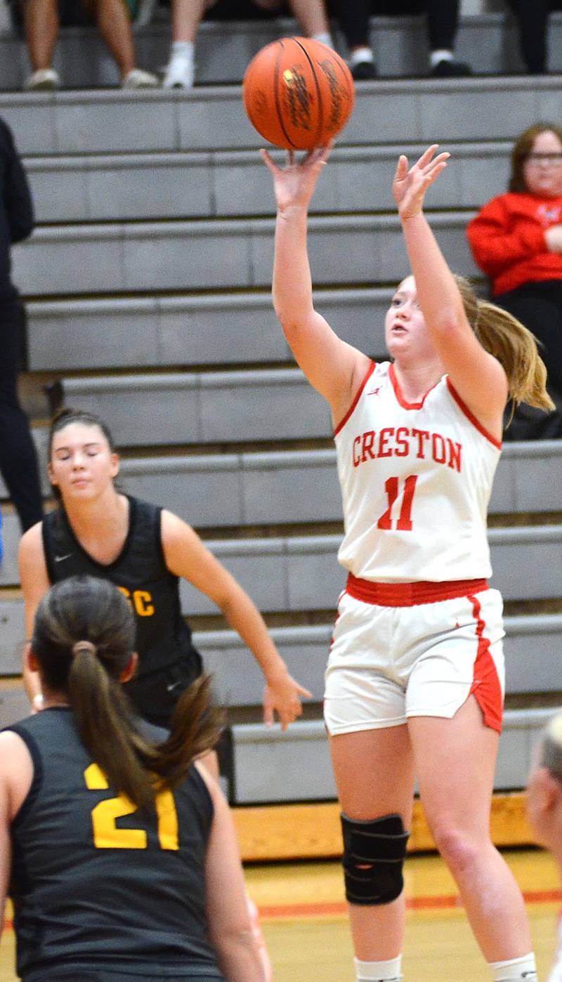 Creston center Brynn Tussey (11) shoots against ACGC Tuesday. Tussey scored five points in the scrimmage. She averaged 7.7 points and 6.8 rebounds per game as a sophomore last year.