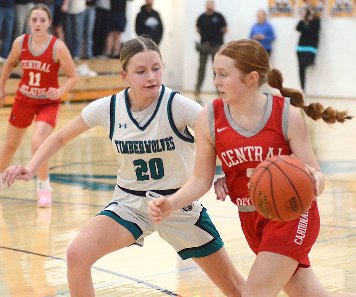 Southwest Valley freshman Elin Hogan (20) guards Aubri Perkins of Central Decatur. Hogan scored 15 points in the 59-42 win.