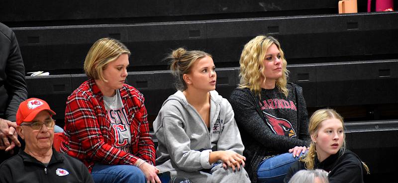 From left, John Giza, his daughter Nikki Adamson, her daughter Ava, John's other daughter Melissa Wellhausen and her daughter Carsen watch the Creston-Clarinda boys game earlier this month in Clarinda. Ava and Carsen play basketball against each other creating some unique family dynamics