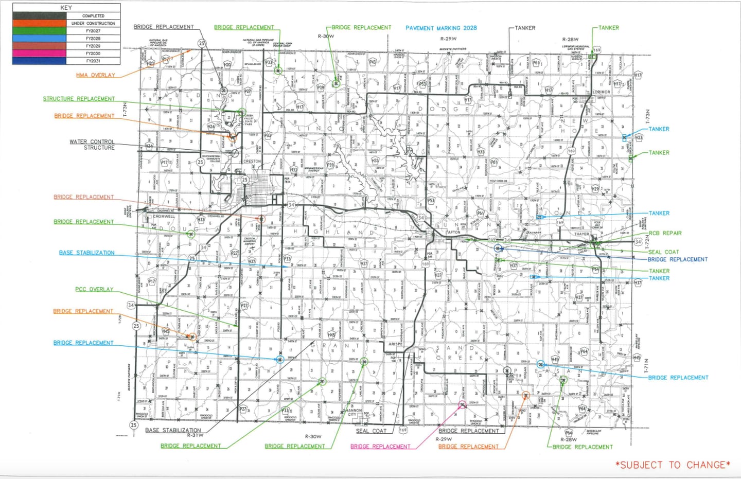 A color-coded map of Union County. Secondary Roads has marked areas of the map where projects are scheduled to take place through fiscal year 2031.