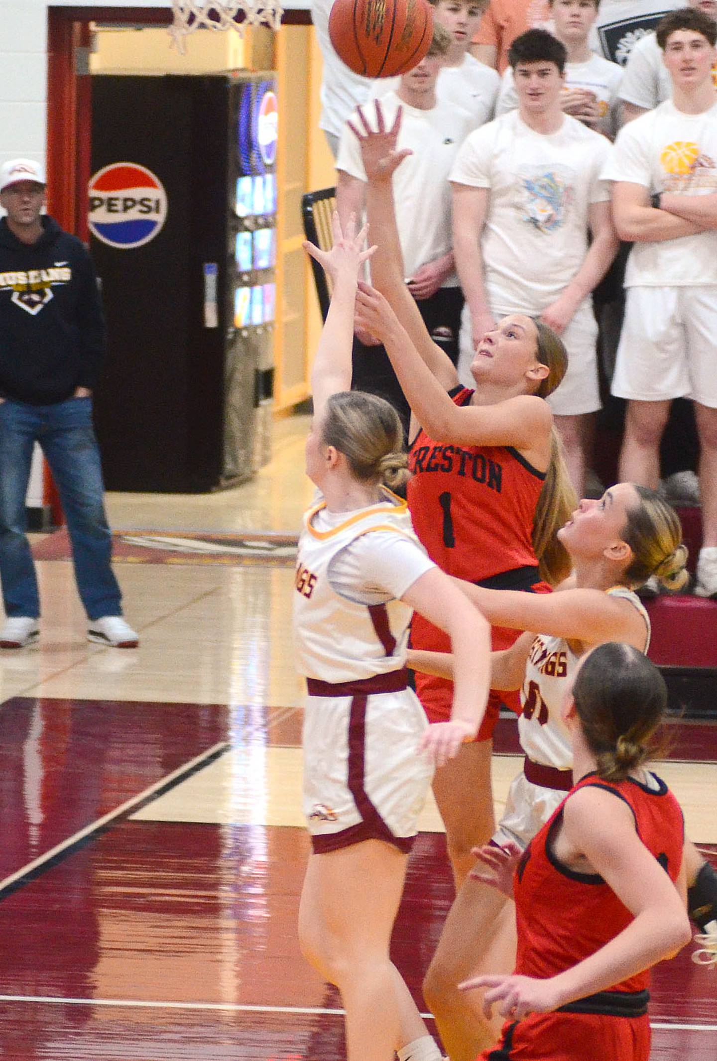 The familiar combination of Kadley Bailey shooting a layup from a fast break pass by Hollynn Rieck (foreground) was a staple of the Panther offense in the second half. Bailey scored eight points in her return from an ankle injury.