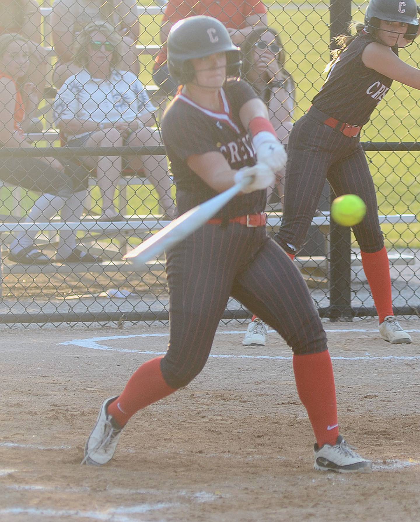 Creston's Kennedy Strider connects for a single in the second inning against Red Oak Thursday. Strider was the game two winning pitcher with eight strikeouts in a four-inning no-hitter.