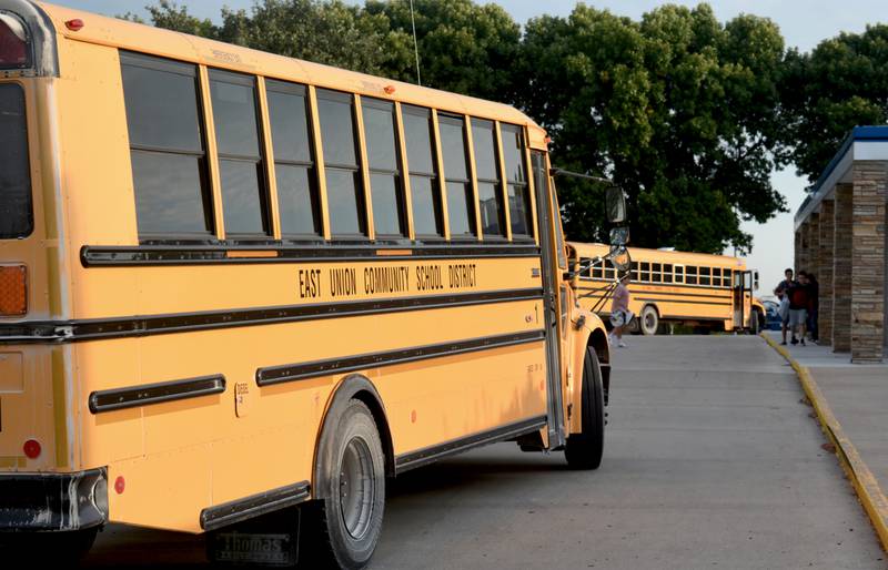 A bus prepares to drop off East Union students to school during the first day on Aug. 23, 2024.