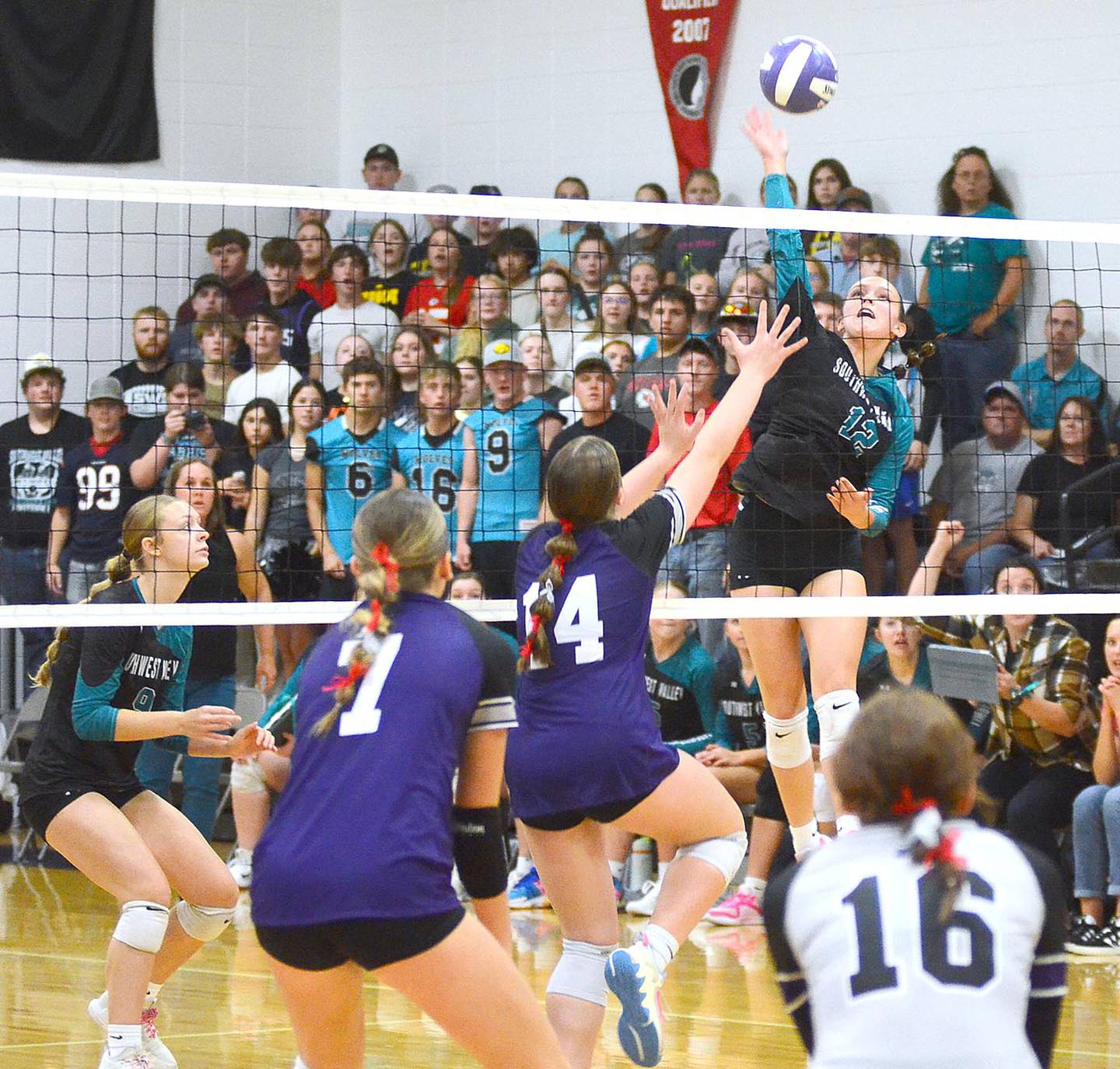 Southwest Valley senior Katey Lillie attacks the Stanton court for one of her 11 kills in Monday's 3-0 win. Lillie reached 500 career kills during the match.