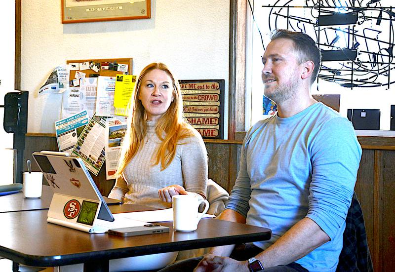 State Senator Amy Sinclair and State Representative Ray "Bubba" Sorensen talk with constituents Saturday, March 23 at The Dugout Cafe in Orient.