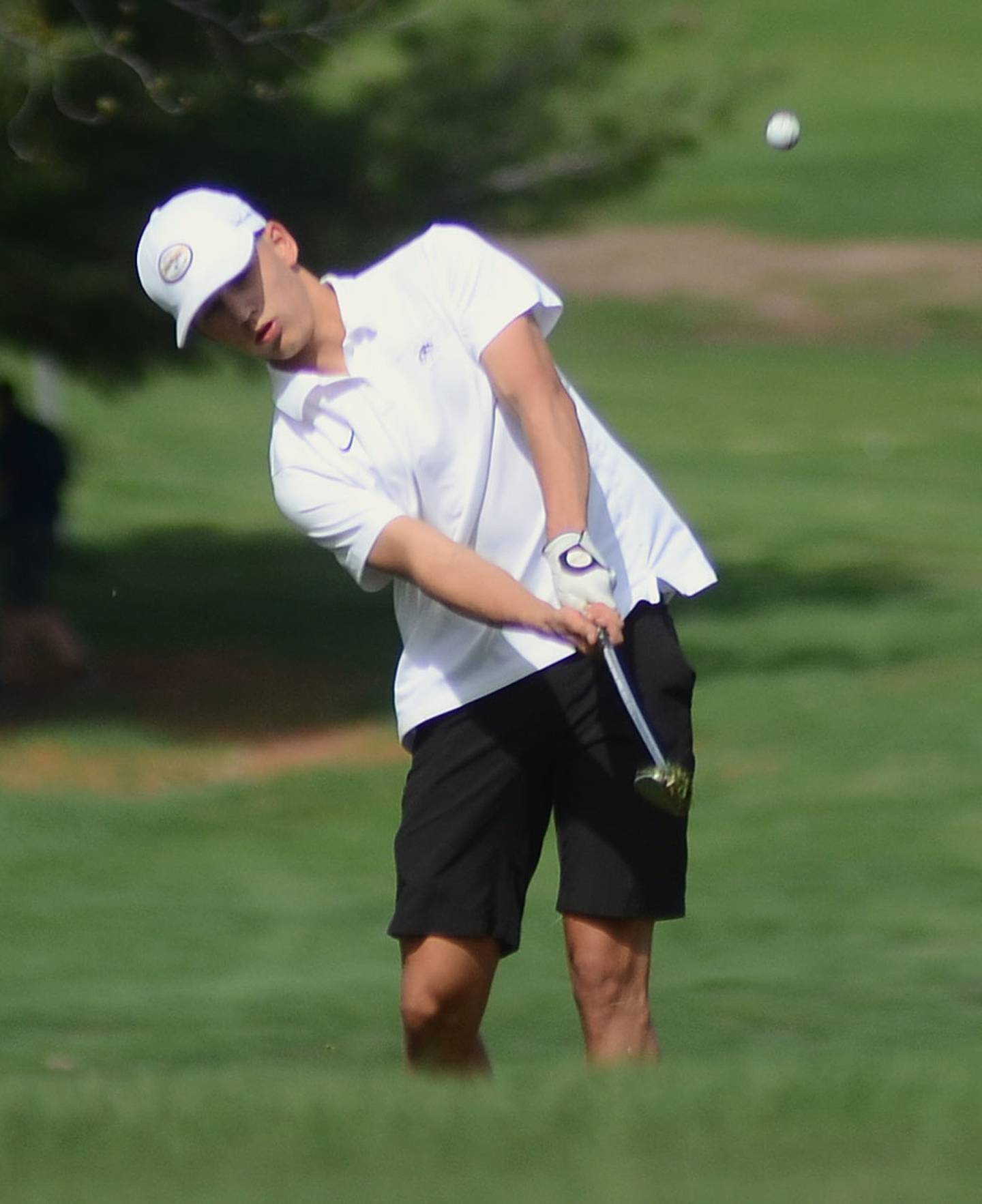 Keyin Steeve of Nodaway Valley pitches onto the No. 3 green at Crestmoor Golf Club in Tuesday's Southwest Iowa Cup. Steeve shot 42-47 — 89.