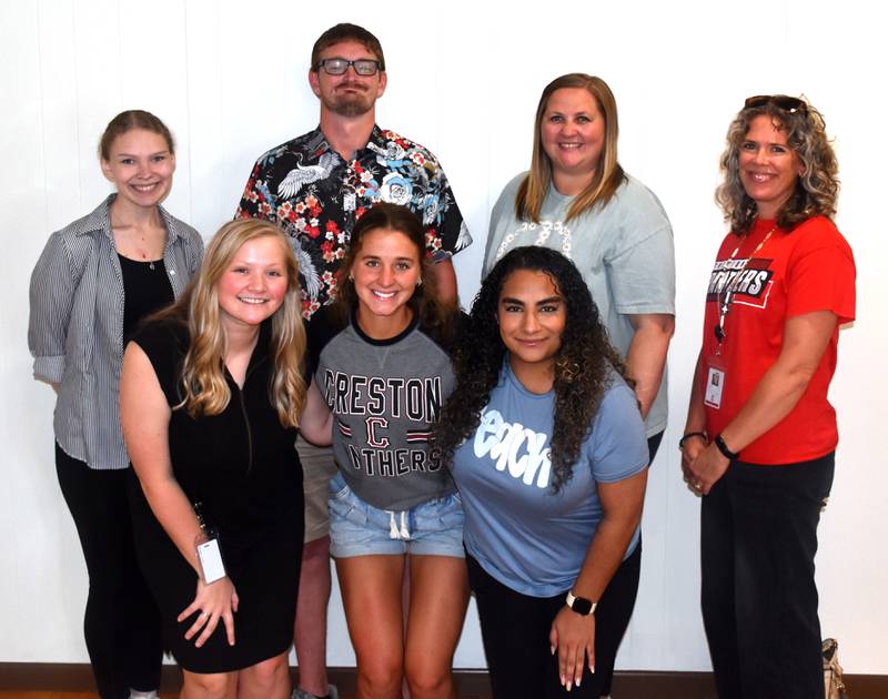 Creston Community School District has seven new teachers joining their ranks for the 2025-26 school year. Back row, from left: Zoe Meyer, Palmer Scott, Amber Kearney, Sara King. Front row: Isabelle Myers, Braelyn Baker, Arianna Gomez.