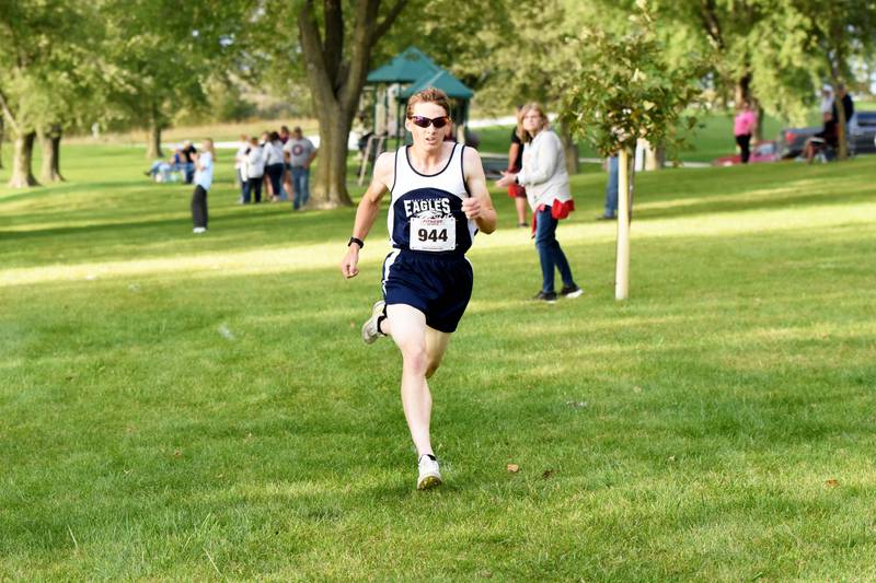 East Union’s Jacob Driskell cruises to the finish in an 18:34.75 win after passing Malachi Broers of Nodaway Valley with less than a mile left in the race.