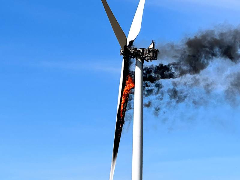 A wind turbine burns south of Menlo in October 2023. MidAmerican Energy officials say the cause was electrical in nature.