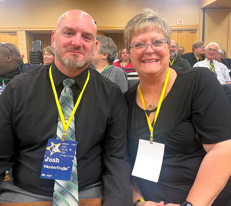 Mount Ayr principal Josh Vanderflught and teacher and speech coach Shaun Kniep attend the 2024 IHSSA Coaches Convention in Ames.