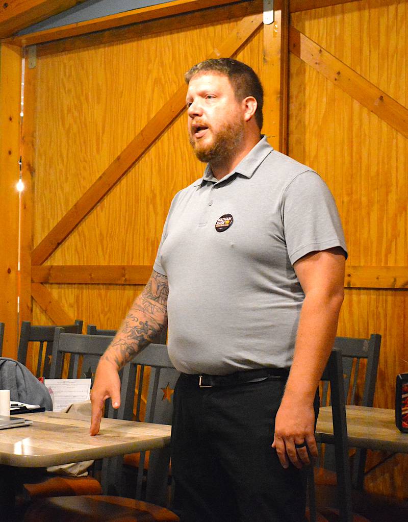 Nathan Sage speaks to Southwest Iowans during a visit to Creston's Pizza Ranch.