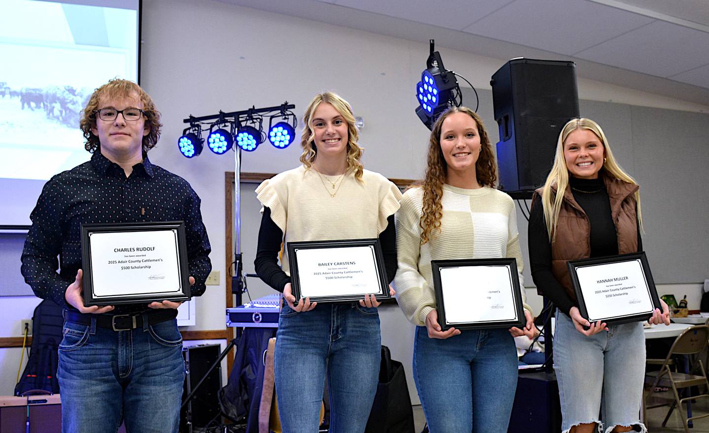 Area high school seniors receiving Adair County Cattlemen scholarships are from left, Charles Rudolf, Bailey Carstens, Belle Fagan and Hannah Muller. Not pictured is Shyann Young.