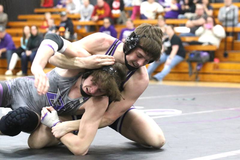 Nodaway Valley/OM wrestling senior Eli Harris competes against an opponent from Baxter during a home wrestling meet in the 2024-25 season.