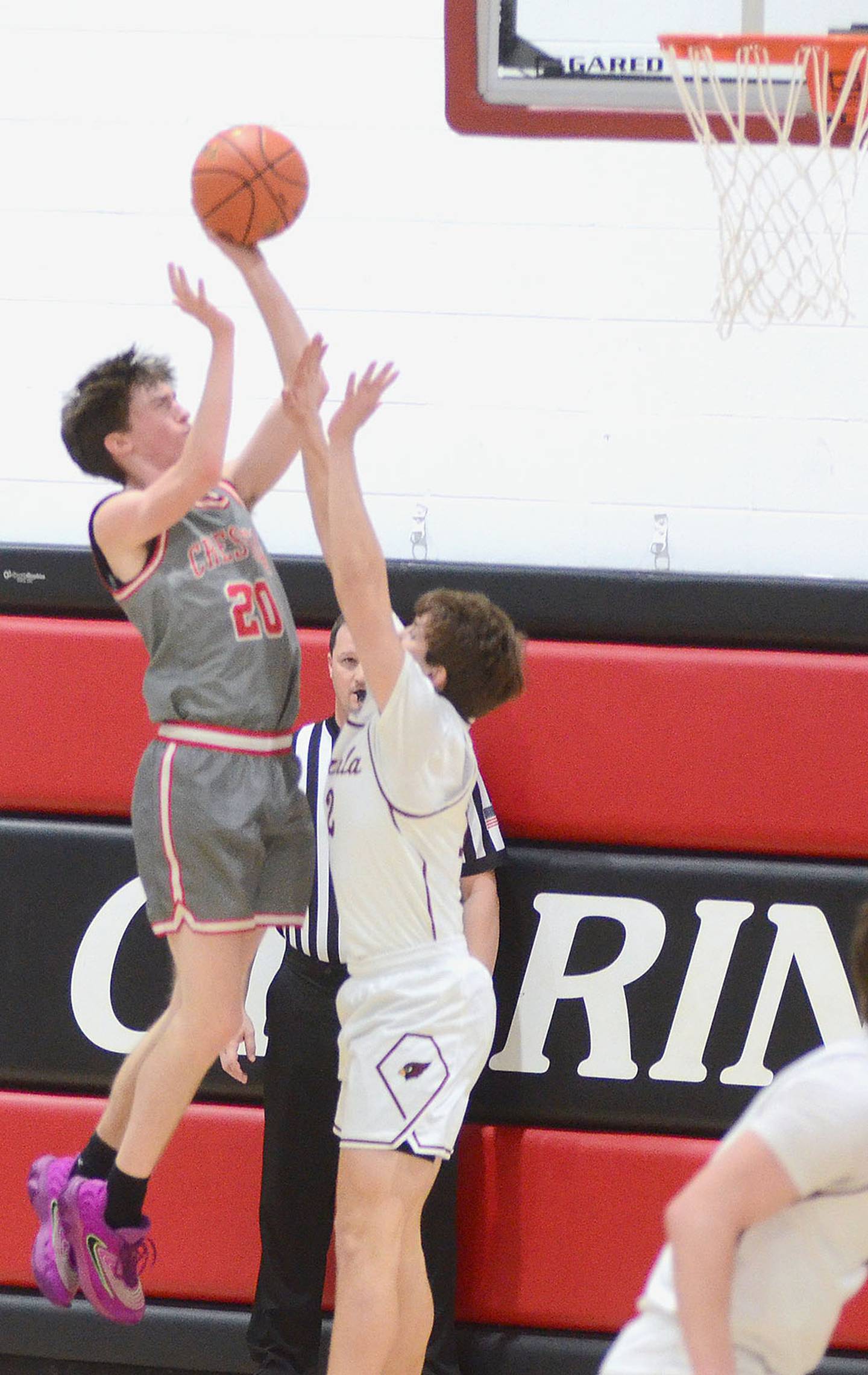 Jaxson Jondle shoots from the baseline at Clarinda Friday. Jondle had 10 points and a team-high seven rebounds in the loss.