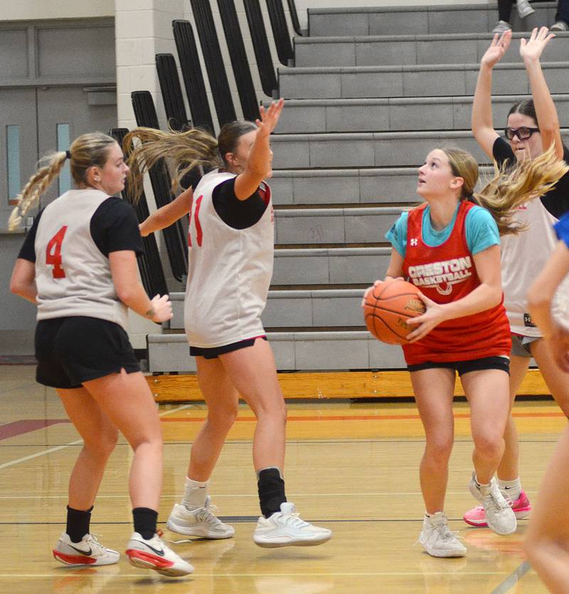 Kadley Bailey looks for a shot in the lane while defended by Ella Turner (4) and Hollynn Rieck during Tuesday's intrasquad scrimmage. Another senior, Braylee Pokorny, is behind Bailey. The Panthers open the season Friday at home against Des Moines Hoover.