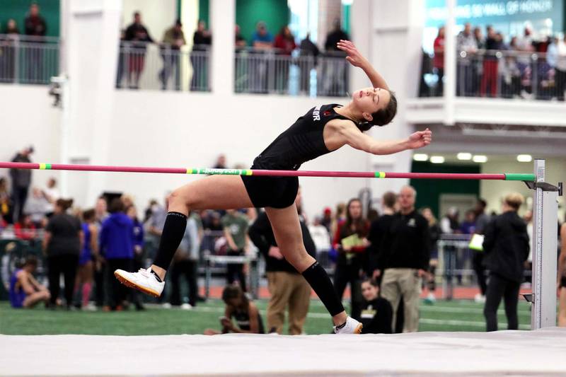 Aubree Shields of Mount Ayr clears a jump Saturday at an indoor track meet at Northwest Missouri State University in Maryville, Missouri.