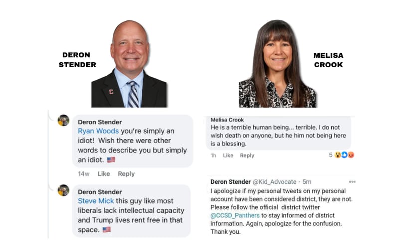 In a lawsuit filed against the school district, Melisa Crook cites examples of Superintendent Deron Stender using his social media for personal political posts.
